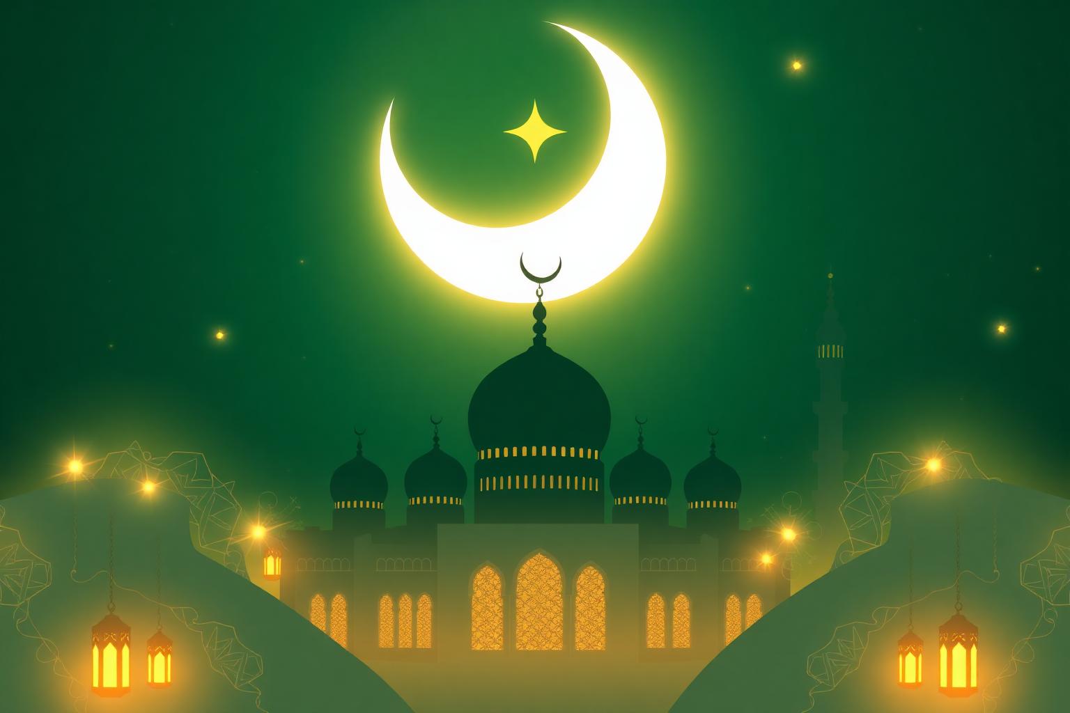 Illustration of a crescent moon over a mosque with lanterns for Ramadan