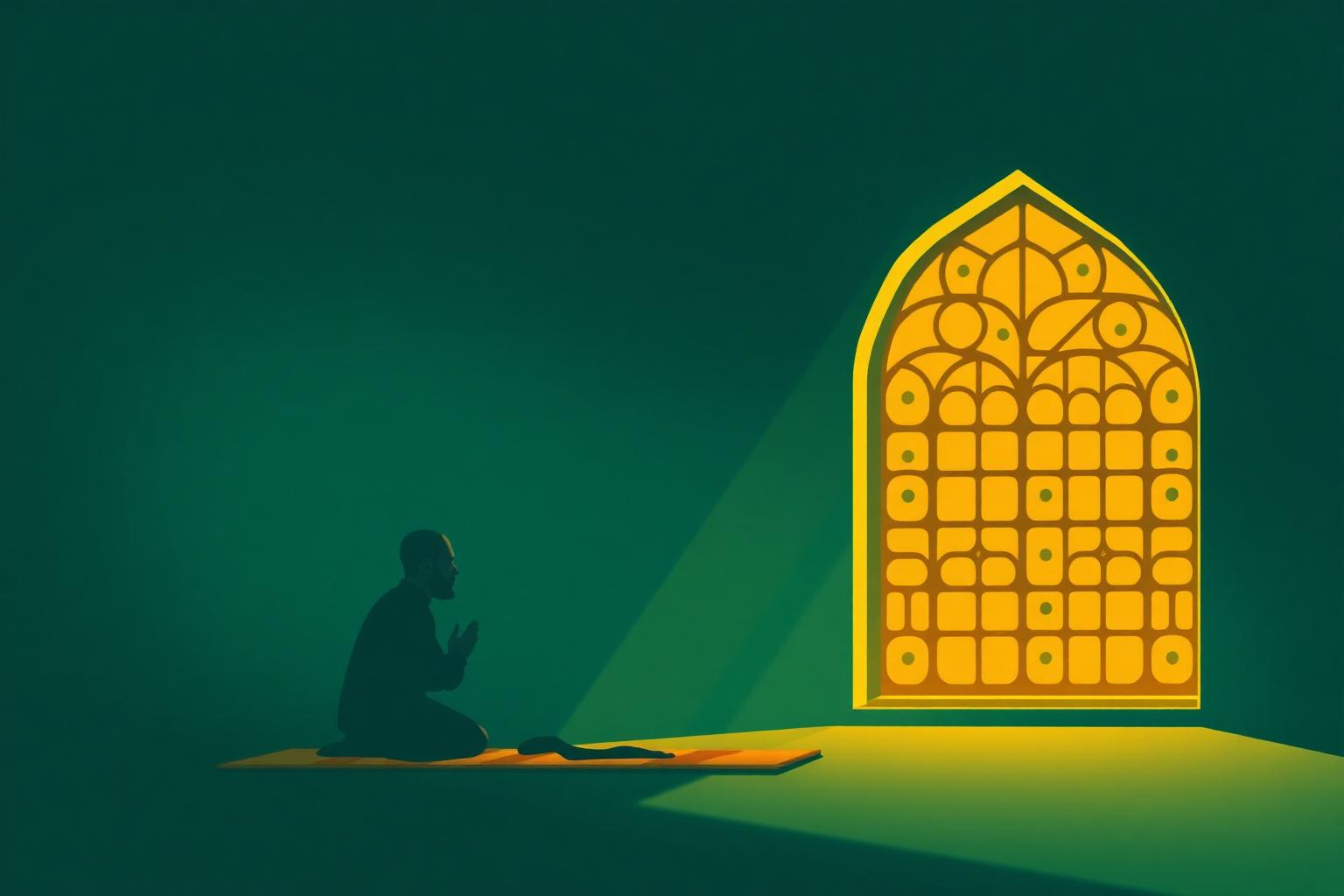 Illustration of a Muslim in prayer, kneeling on a prayer mat before an arched mosque window