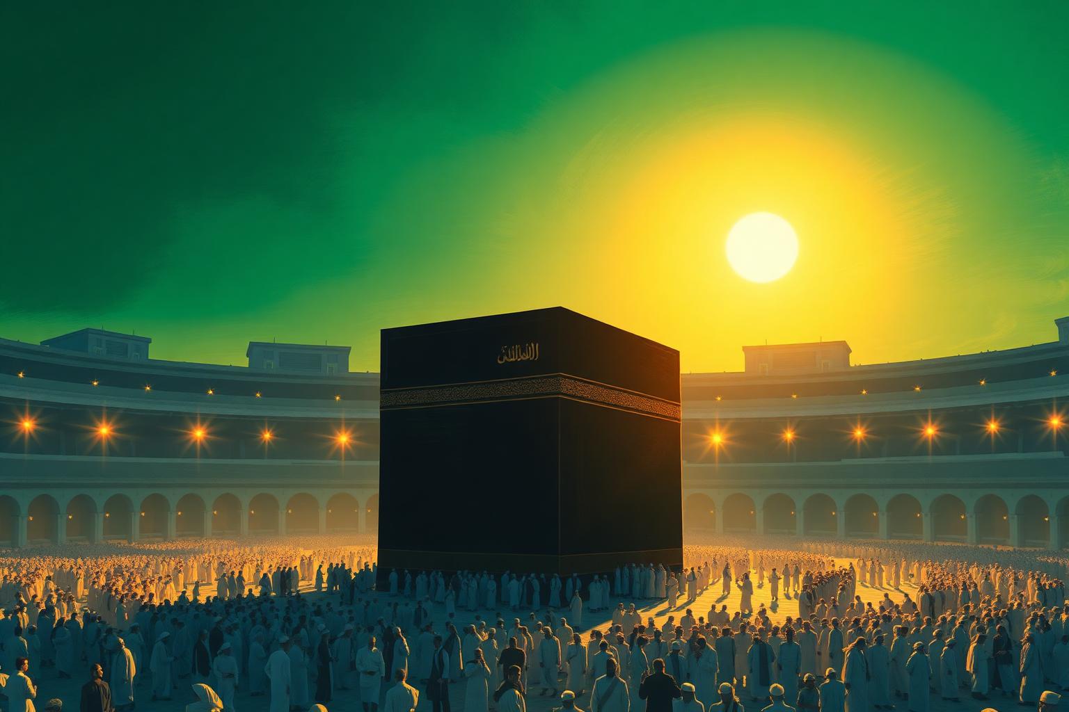 Pilgrims in white ihram circling the Kaʿbah in Mecca at golden hour